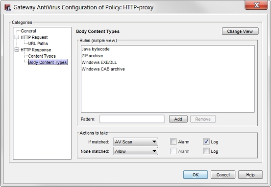 Screen shot of Gateway AntiVirus configuratino for the HTTP-proxy, Body Content Types
