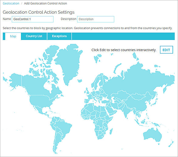 Screen shot of Geolocation action settings in Fireware Web UI