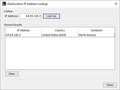 Screen shot of the Geolocation IP Address Lookup dialog box