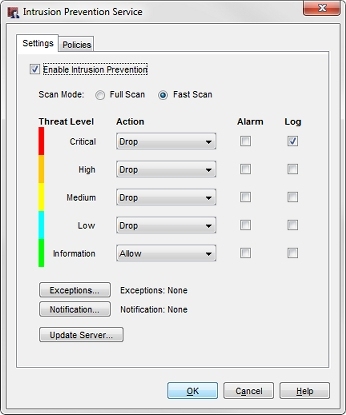 Screen shot of the Intrusion Prevention Service dialog box - Settings tab