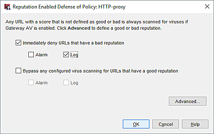 Screenshot of the Reputation Enabled Defense settings dialog box, for an HTTP proxy policy in Policy Manager