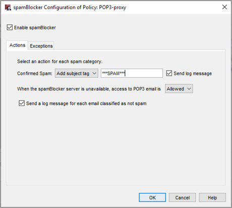 Screenshot of the spamBlocker Configuration dialog box 