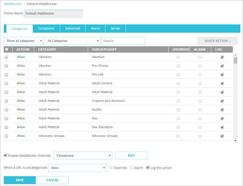 Screen shot of the WebBlocker Action configuration, Categories tab