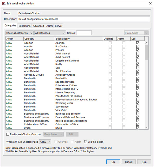 Screen shot of the Weblocker Action dialog box, Categories tab