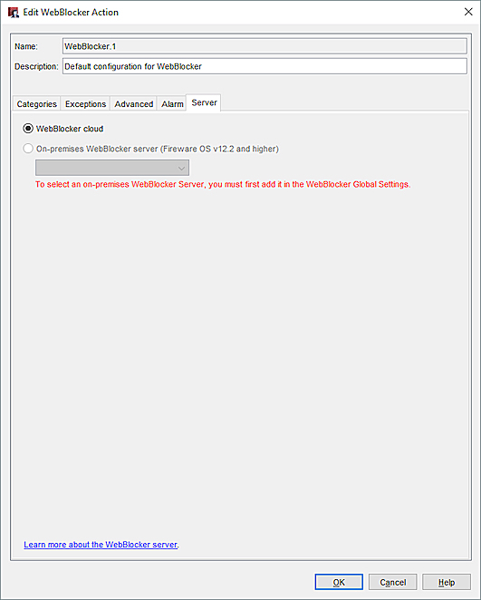 Screen shot of the WebBlocker Configuration dialog box, Servers tab