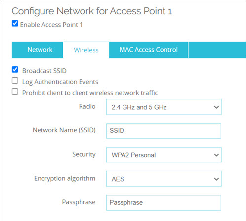 Screen shot of the Wireless network access configuration page