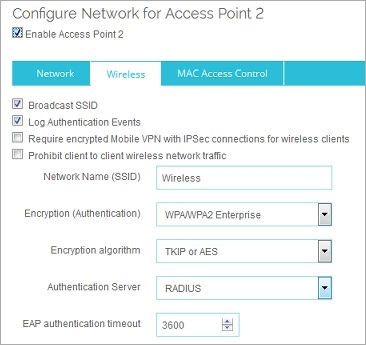 Screen shot of the Wireless tab Enterprise Authentication settings for Single Radio Firebox