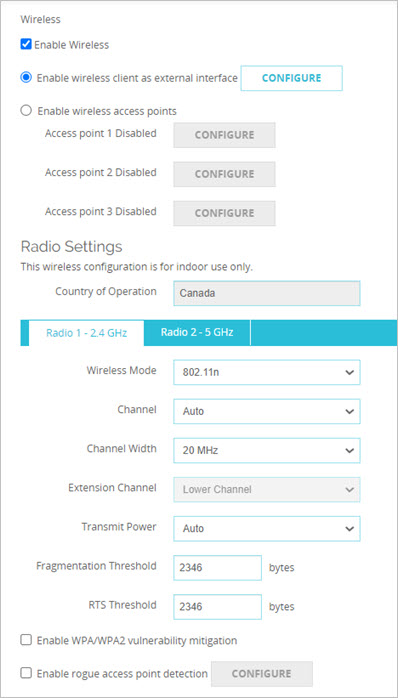 Screen shot of the Wireless configuration page for a dual radio Firebox