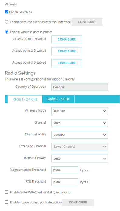 Screen shot of the wireless configuration page