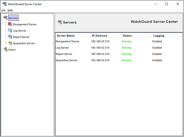 Screen shot of the WatchGuard Server Center, Servers page