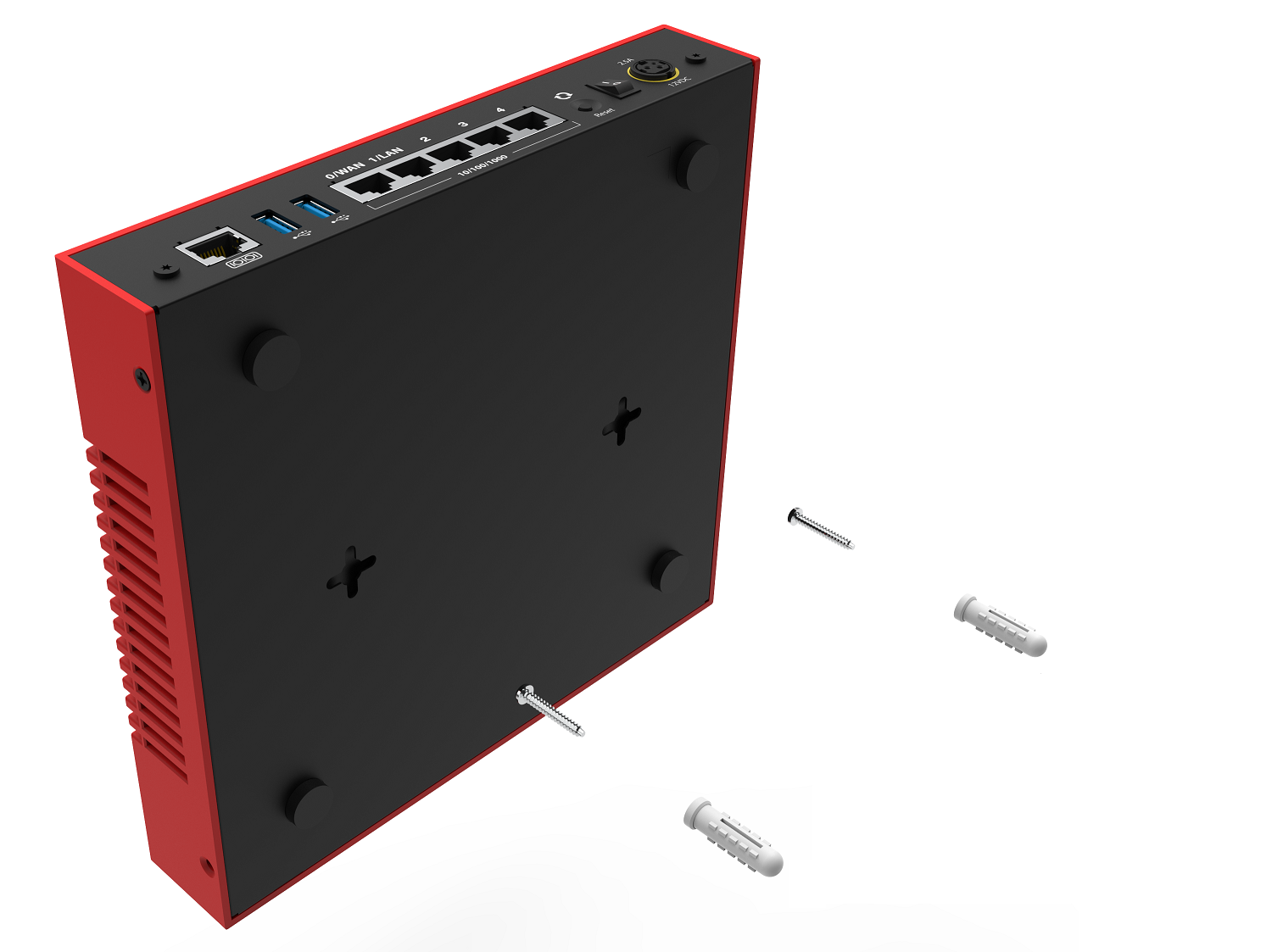 Diagram of how to mount the Firebox on a wall with screws and anchors