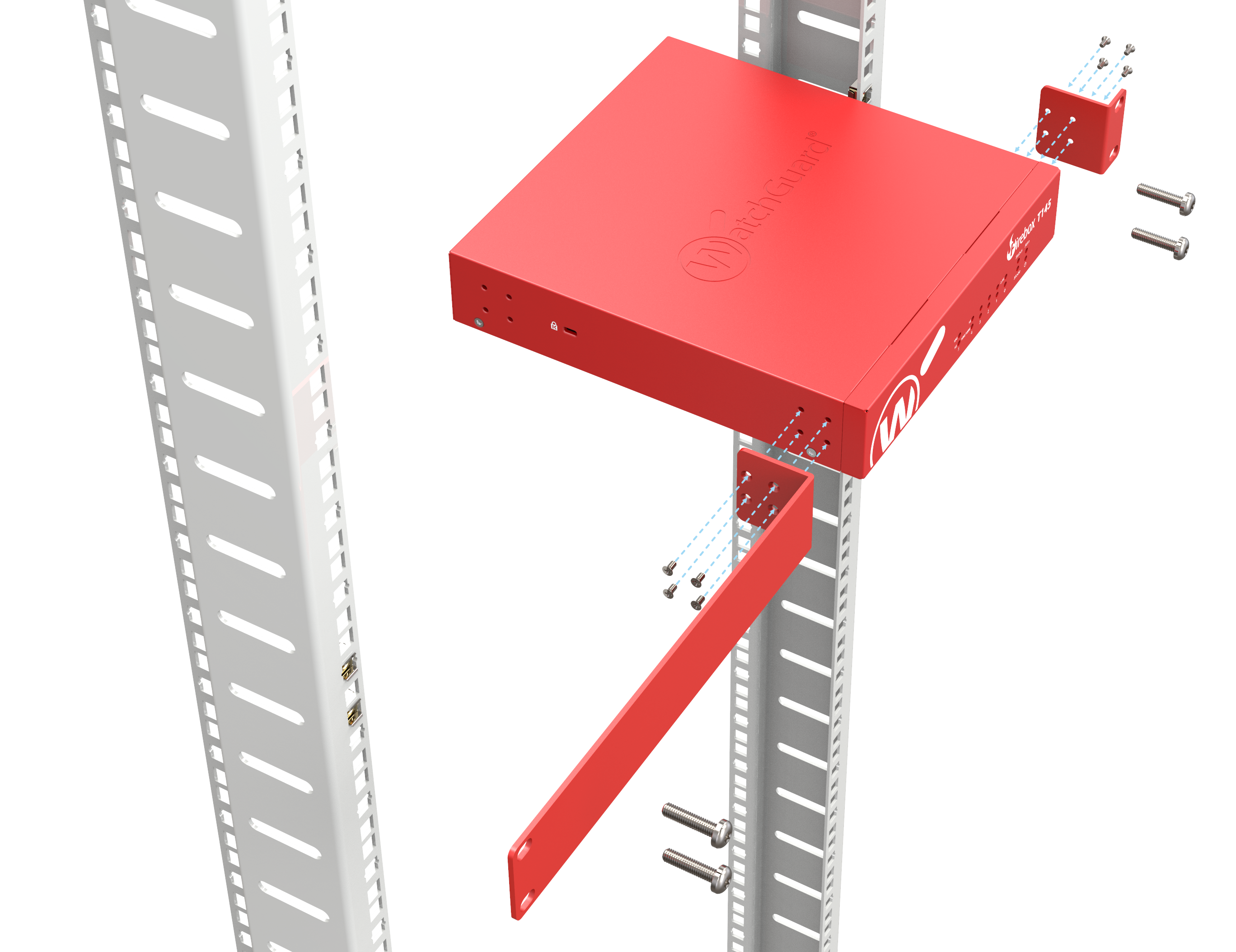 Diagram of Firebox rack ear bracket installation - Step 1