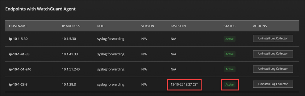 Screenshot of the WatchGuard Agent page that shows endpoints with Syslog Collector installed