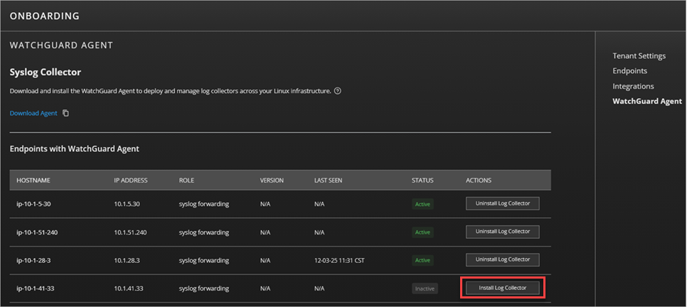 Screenshot of the WatchGuard Agent page that shows endpoints with WatchGuard Agent installed