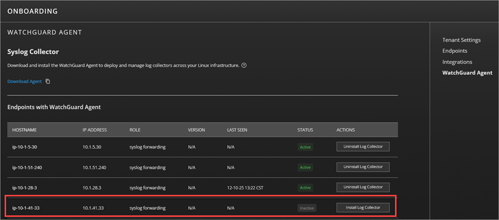 Screenshot of the WatchGuard Agent page that shows endpoints with WatchGuard Agent installed