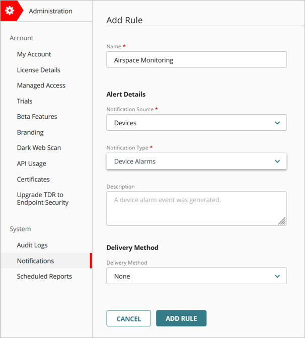 Screenshot of the Add Rule page for alert notifications in WatchGuard Cloud
