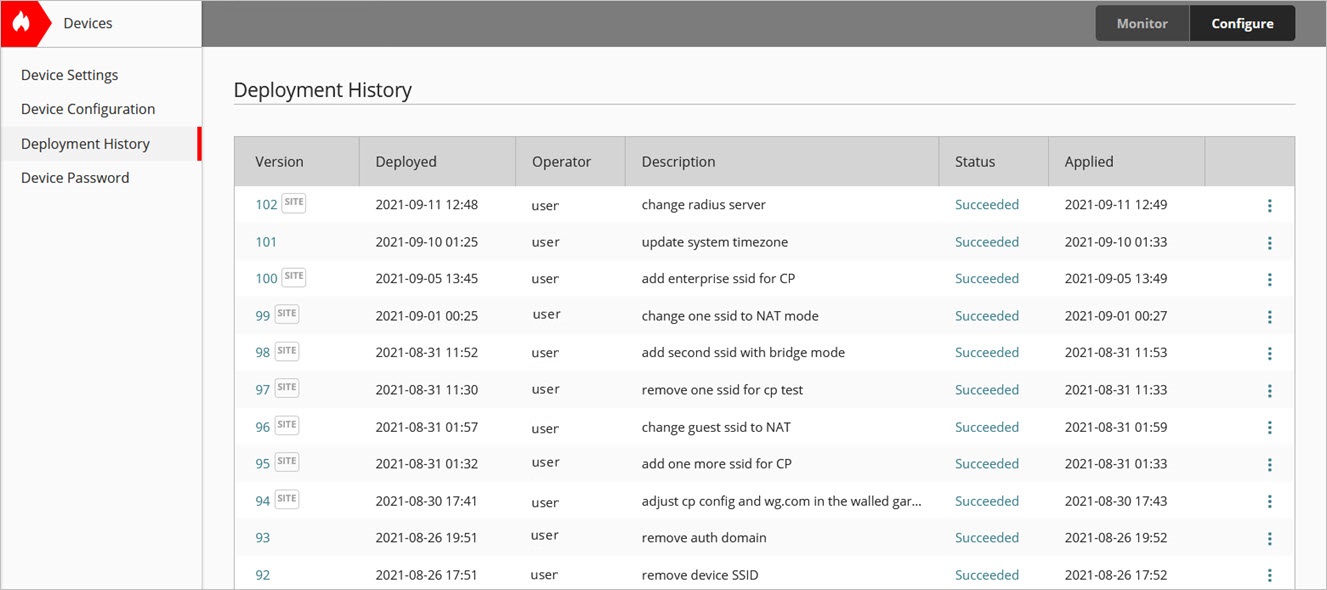 Screen shot of the Deployment History for an access point