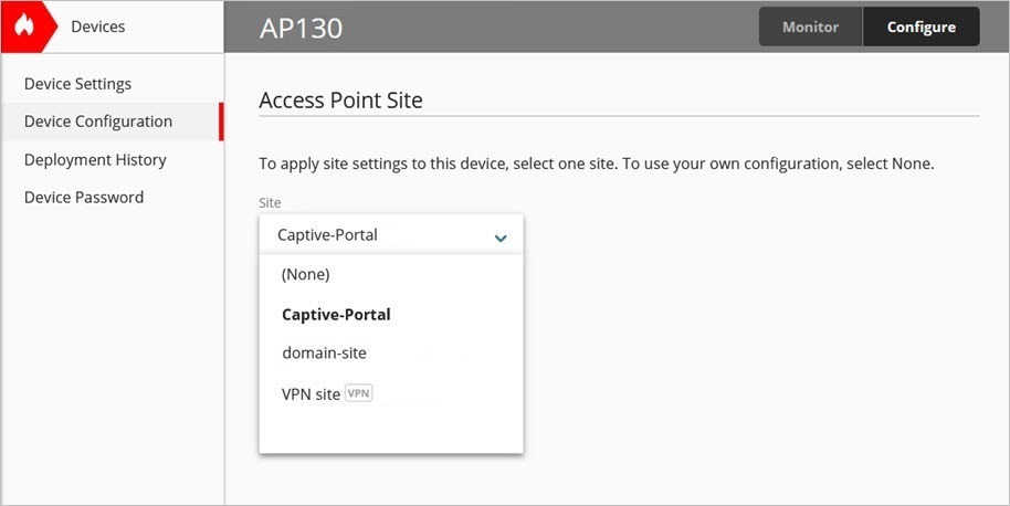 Screen shot of the Access Point Site selection page from the access point configuration