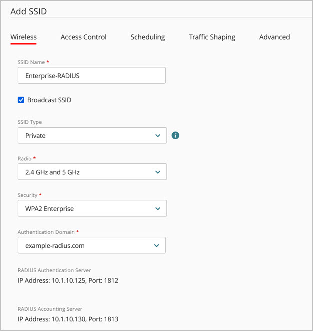 Screenshot of the access point SSID configuration with Enterprise RADIUS authentication