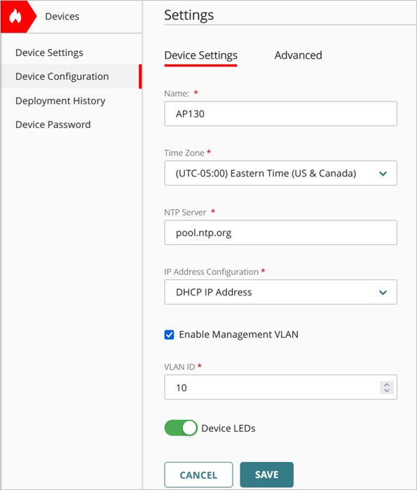 Screen shot of the management VLAN configuration in the device settings for an access point in WatchGuard Cloud