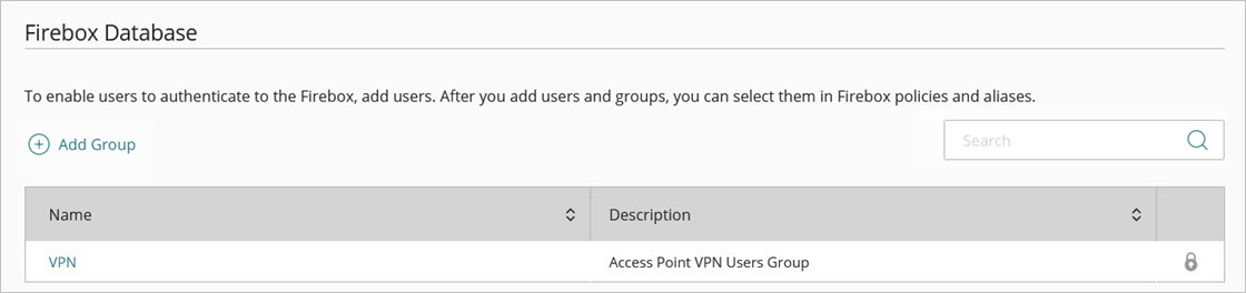 Screen shot of the Firebox authentication group settings for an Access Point VPN