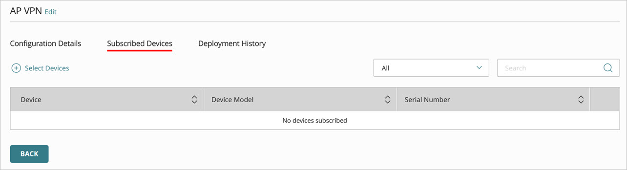 Screen shot of the Subscribed Devices tab in an Access Point Site configuration