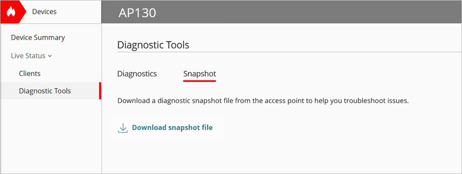 Screen shot of the diagnostic tools snapshot page for an access point