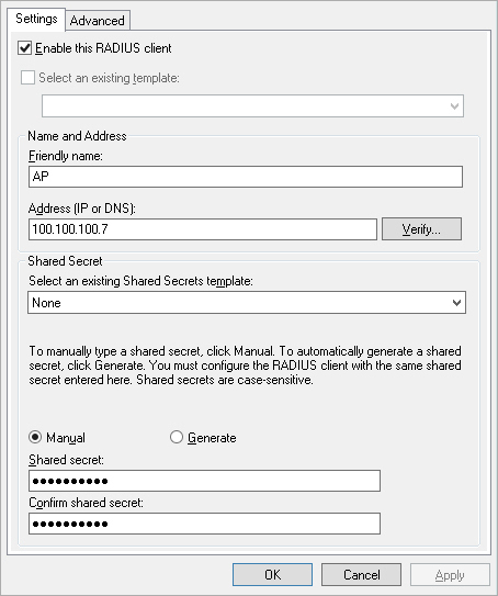 Screen shot of adding a RADIUS Client in Microsoft NPS