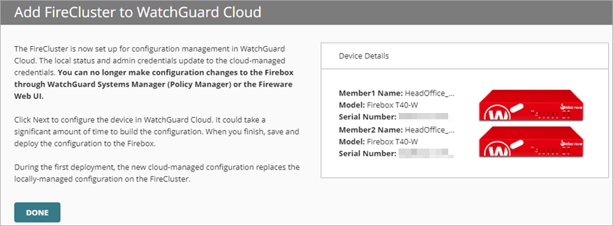Screen shot of the final page of the Add Device Wizard for FireCluster