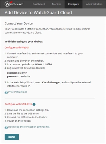 Screen shot of the Connect Your Device page for the Static IP connection type