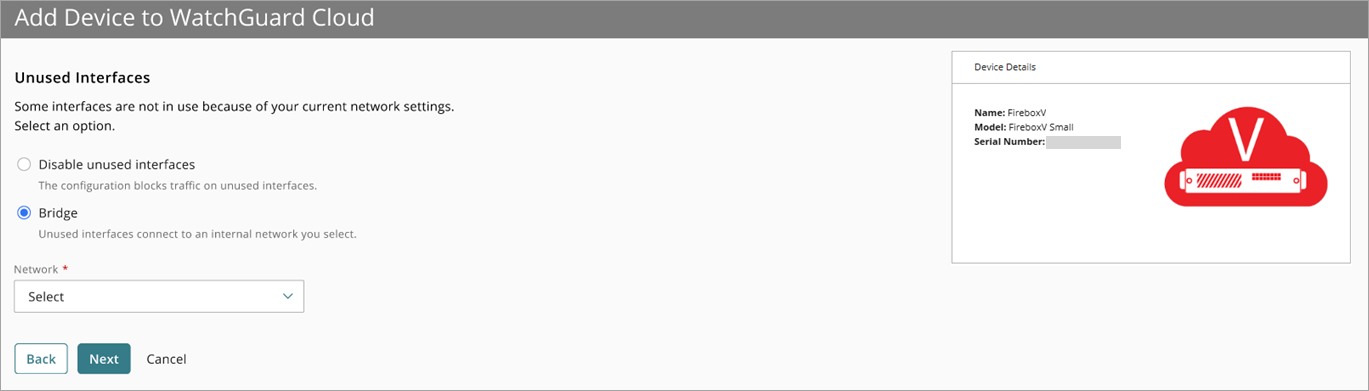 Screenshot of the Bridge unused interfaces option in the Add Device wizard