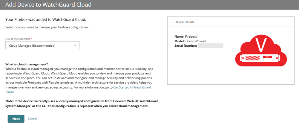 Screenshot of the Add Device page with the Cloud Management option selected