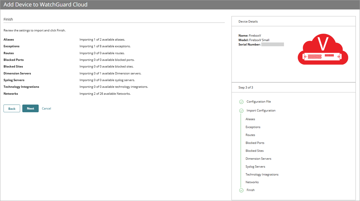 Screenshot of the Import Configuration wizard, Finish page