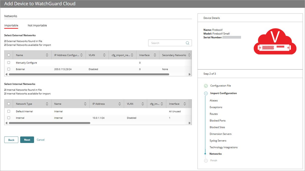 Screenshot of the Import Configuration wizard, Networks page