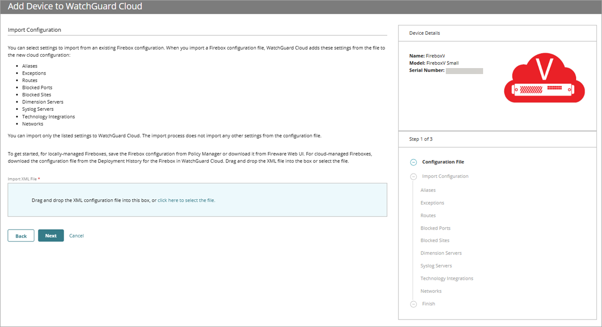 Screenshot of the Import Configuration page with the XML file upload box