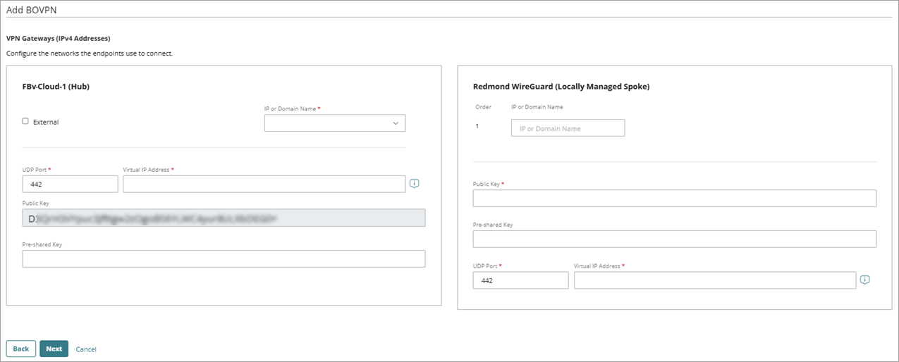 Screenshot of the VPN Gateways page for a WireGuard BOVPN to a locally-managed Firebox