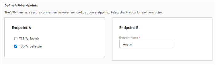 Screenshot of the Define VPN endpoints settings, with a local and remote VPN endpoint specified