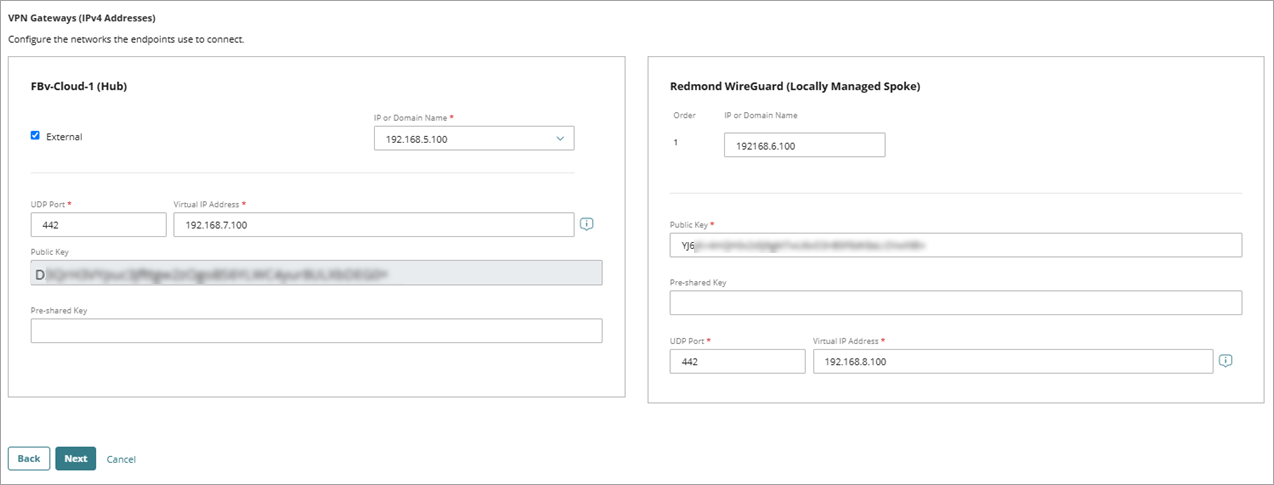 Screenshot of the VPN Gateways settings for a WireGuard BOVPN to a locally-managed Firebox