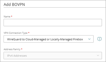 Screenshot of the Add BOVPN page, name and type settings