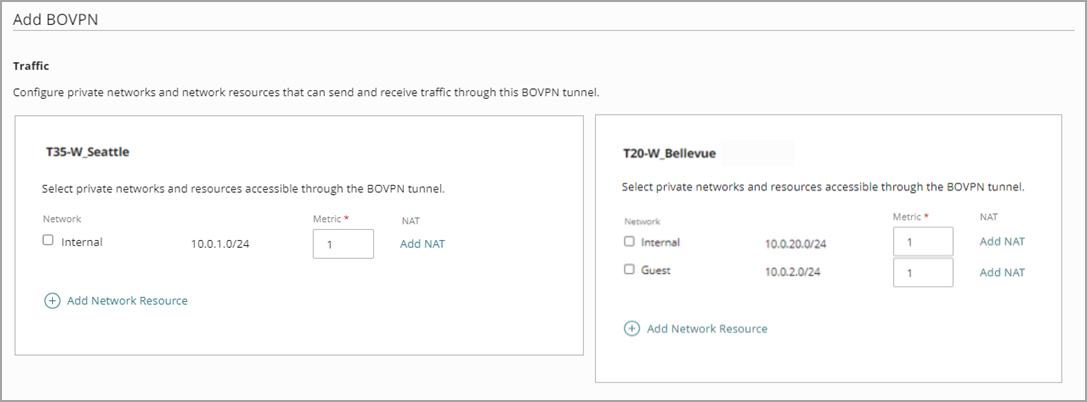Screen shot of the Add BOVPN, Traffic settings