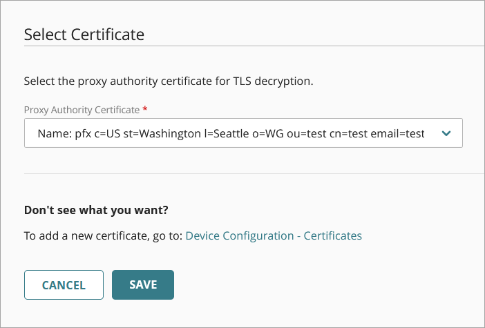 Screen shot of the Select Certificate page for TLS Decryption