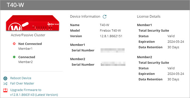 Screen shot of the Device Summary page for a Firebox with FireCluster status