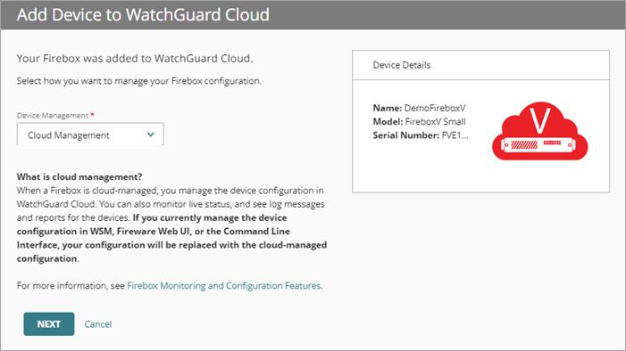 Screenshot of the Add Device page with the Cloud Management option selected
