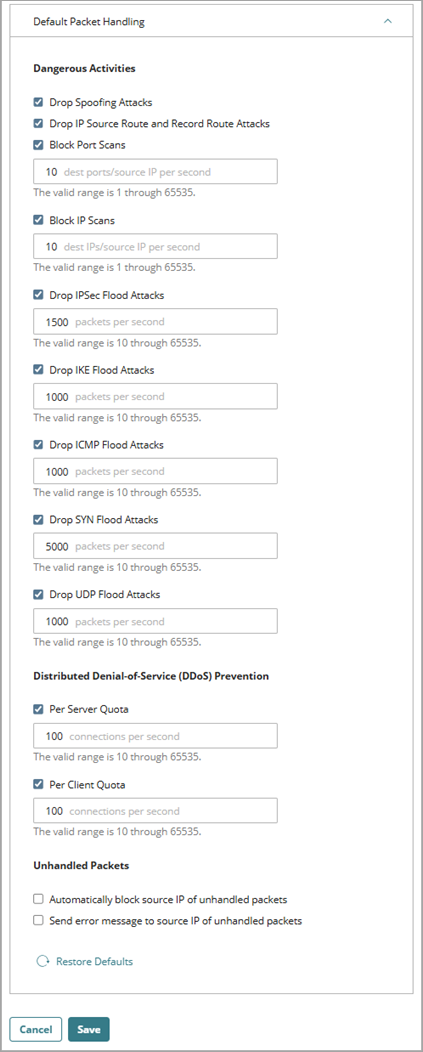 Screenshot of default packet handling settings