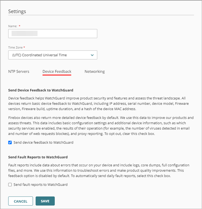 Screen shot of cloud-managed device configuration settings page, Device Feedback tab