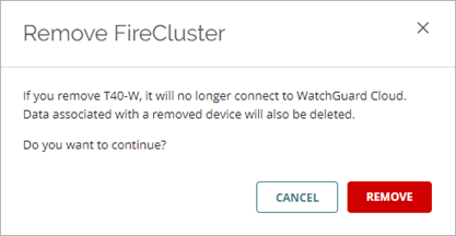 Screen shot of the Remove FireCluster dialog box