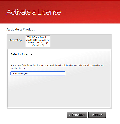 Screen shot of the Activate a License page with an existing license selected
