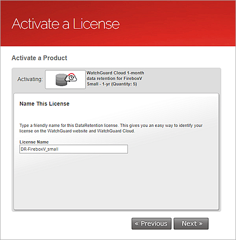 Screen shot of the Activate a License page, Name This License step