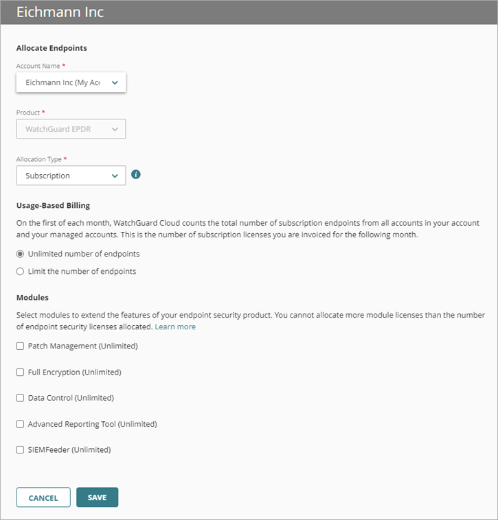 Screen shot of Edit Allocation page for subscription endpoints in WatchGuard Cloud.