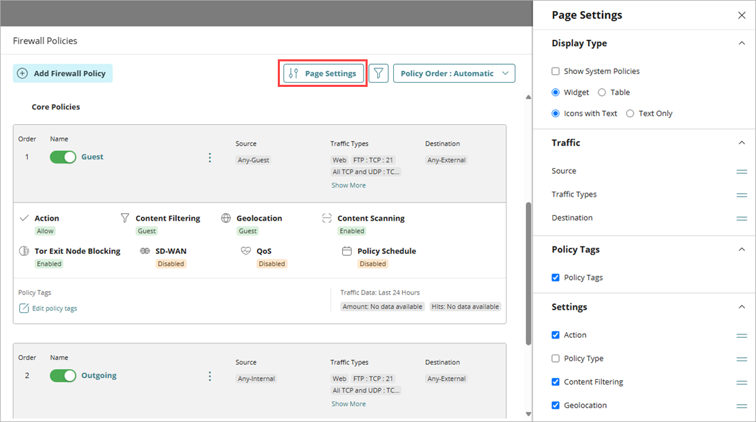 Screenshot of the Firewall Policies page with the Page Settings side panel open.
